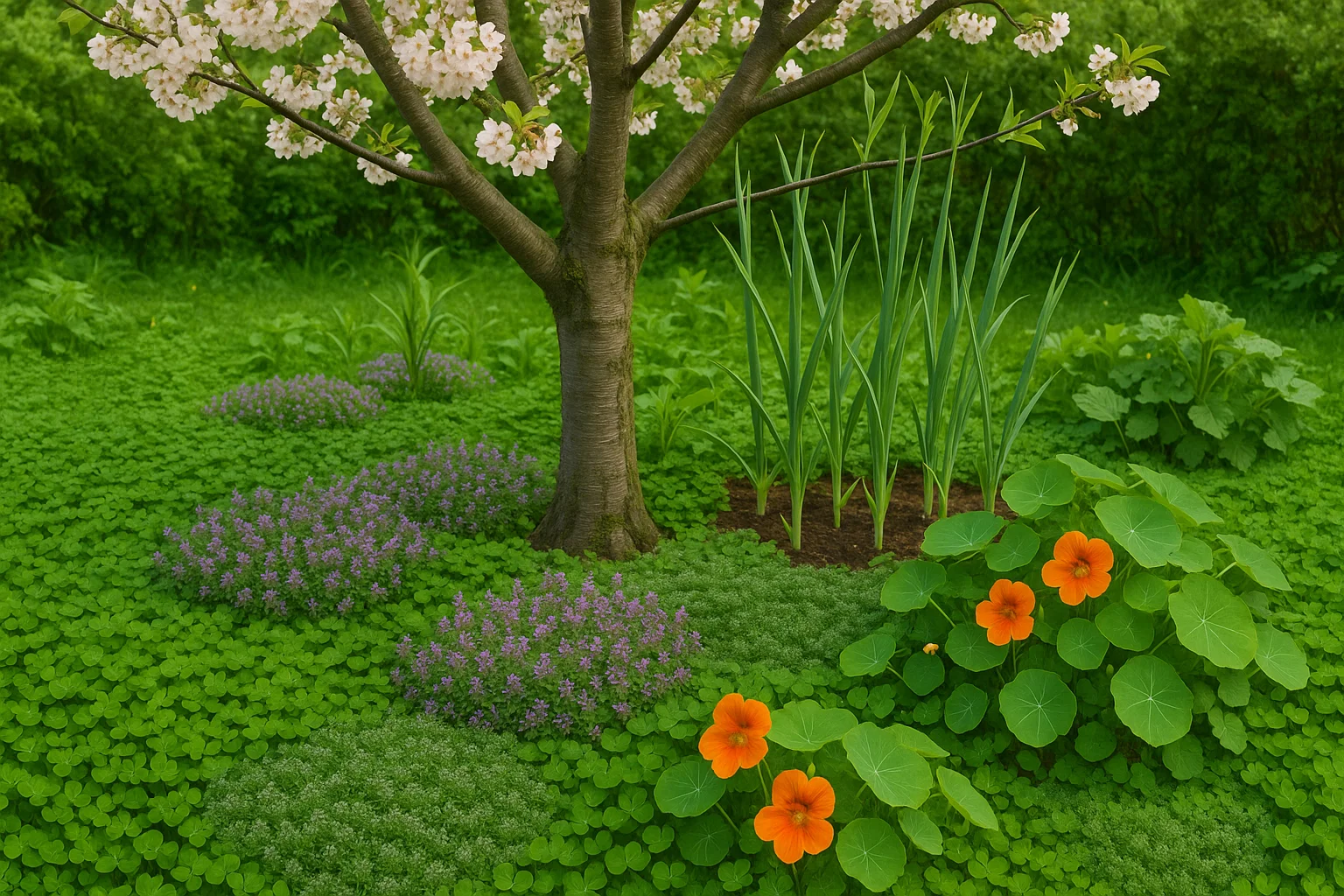 A blooming tree shades vibrant orange nasturtiums and purple flowers amidst lush green ground cover in a serene garden setting.