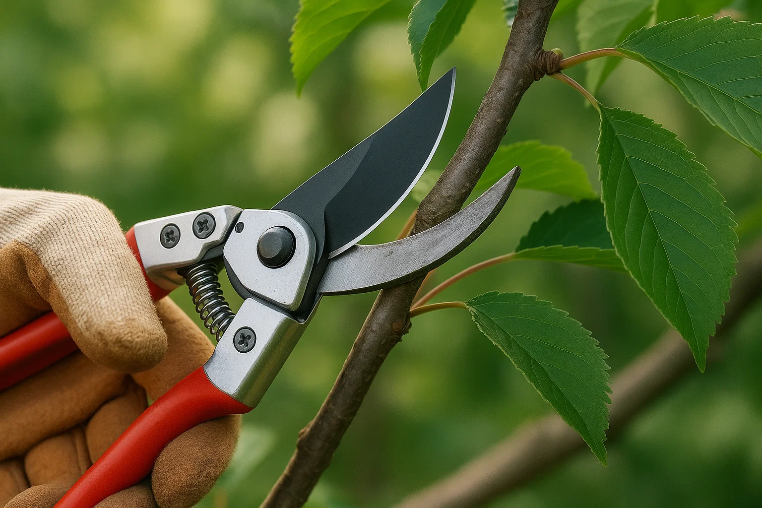 A gloved hand operates sharp pruning shears on a green branch surrounded by lush leaves in a blurred garden background.