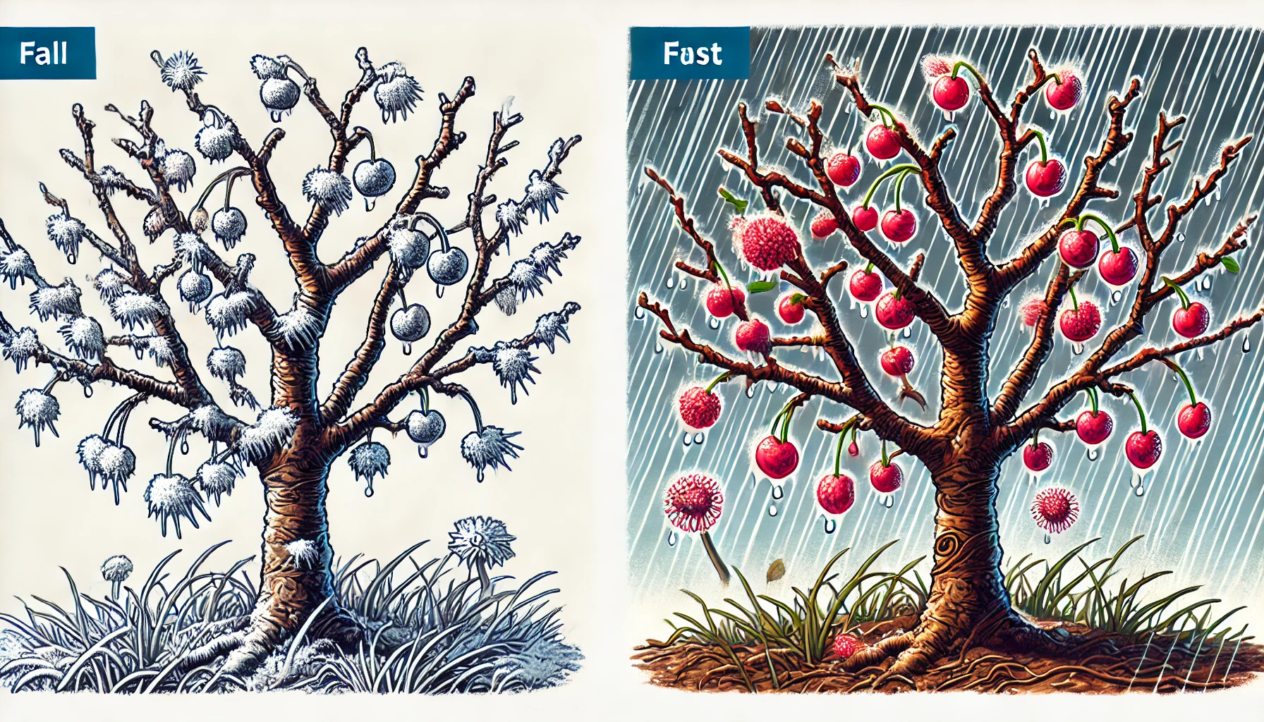 A split image of two trees: one bare and frosty for fall, the other vibrant with red fruit and rain, depicting seasonal contrast.