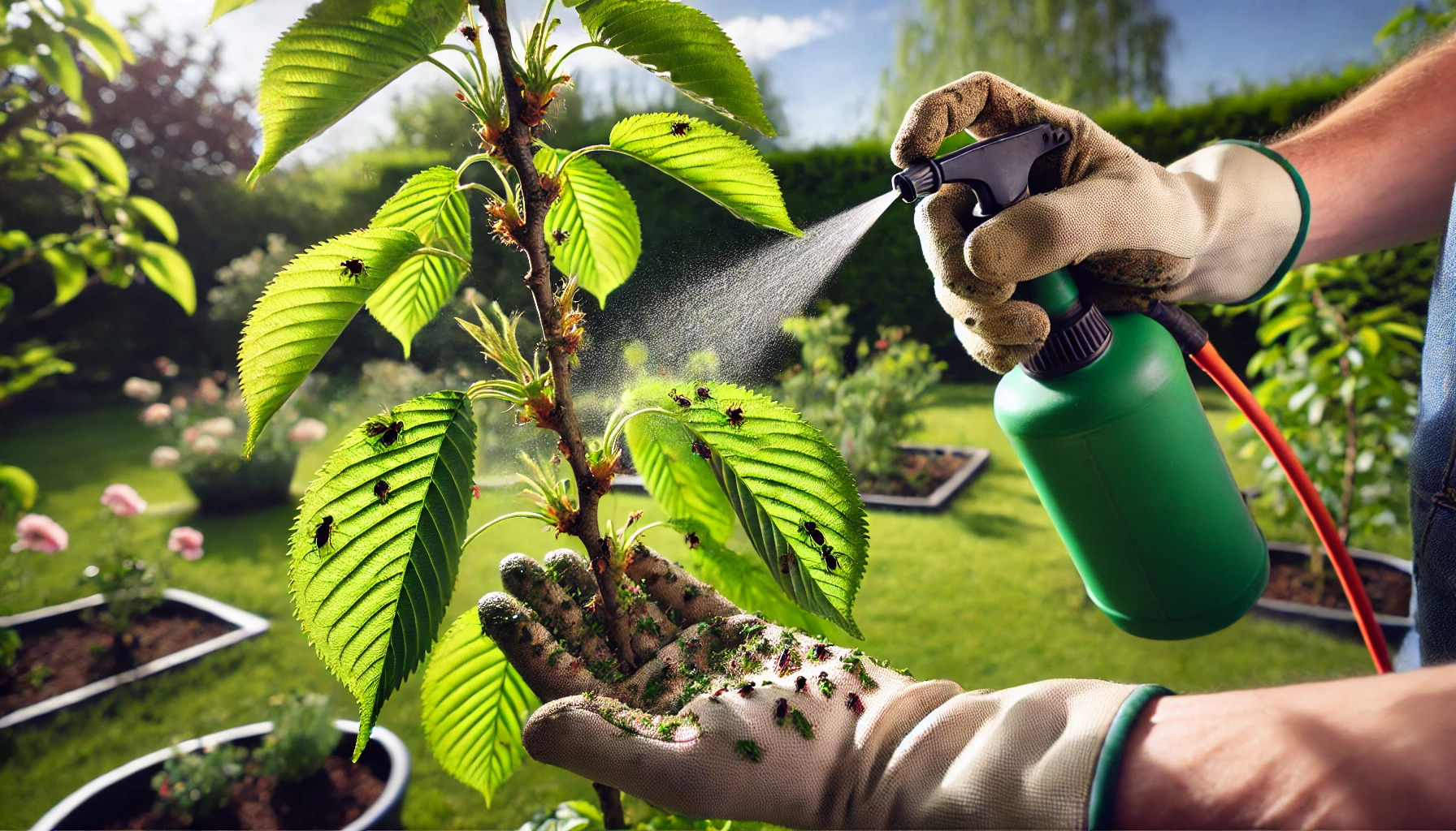 A gardener in gloves sprays a green plant infested with pests in a sunny backyard garden.