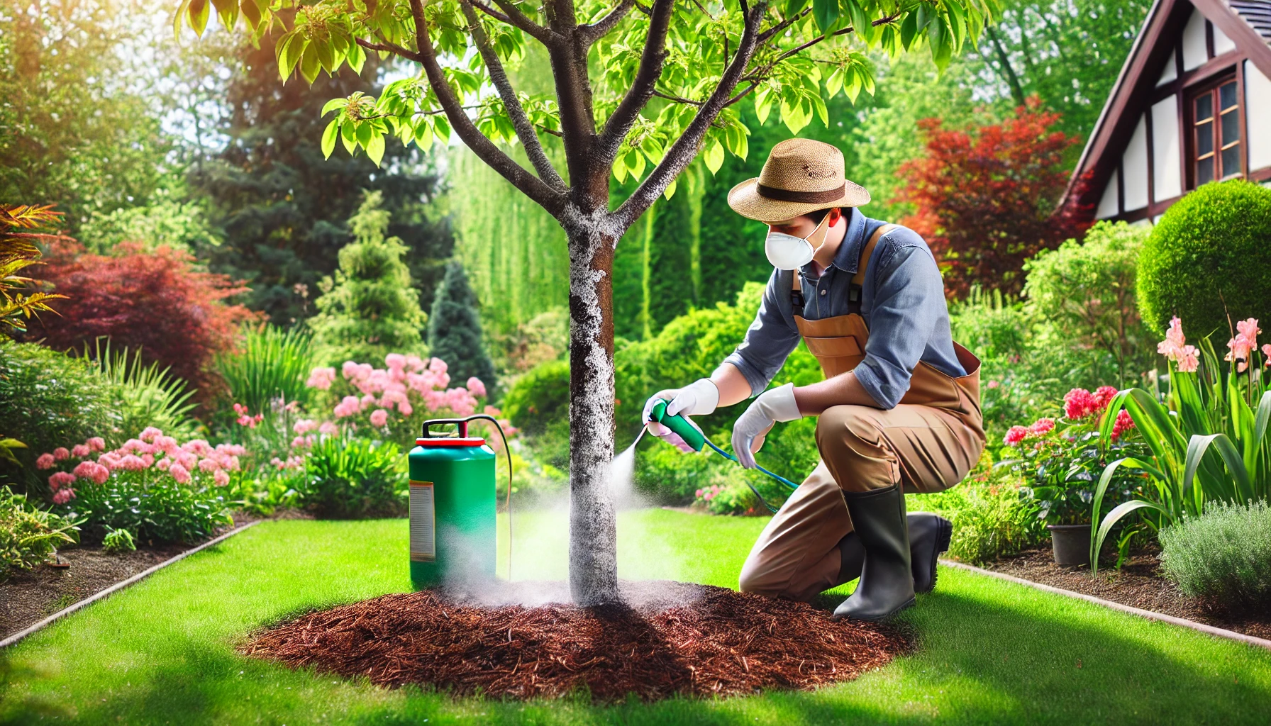 A gardener sprays a tree with green pesticide in a vibrant garden filled with flowers and lush greenery.
