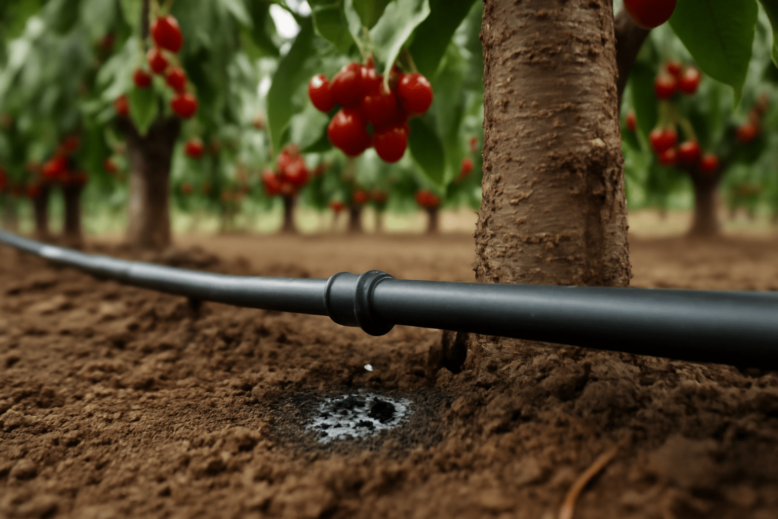Drip irrigation tubing runs along the soil, watering cherry trees heavy with ripe, red fruit in a lush orchard setting.