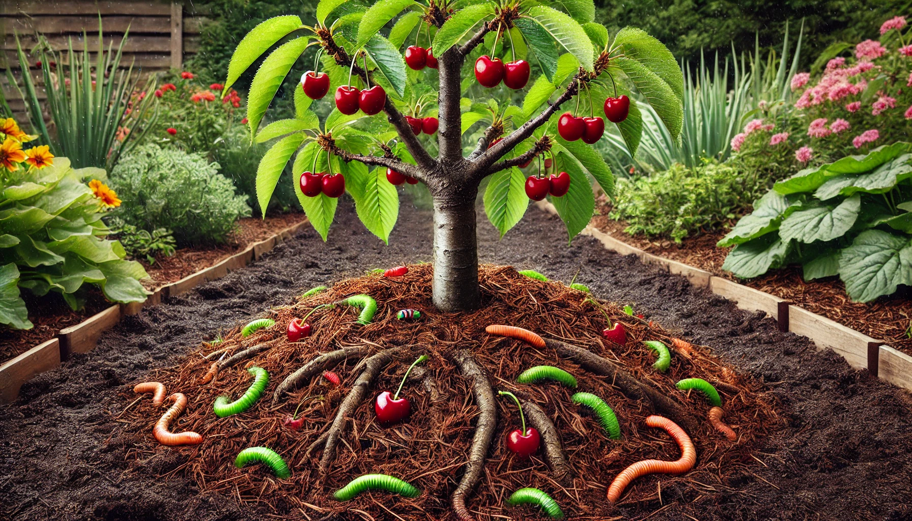 A cherry tree with vibrant red fruit stands in a garden, surrounded by colorful flowers and a mulch-covered base teeming with green and orange caterpillars.