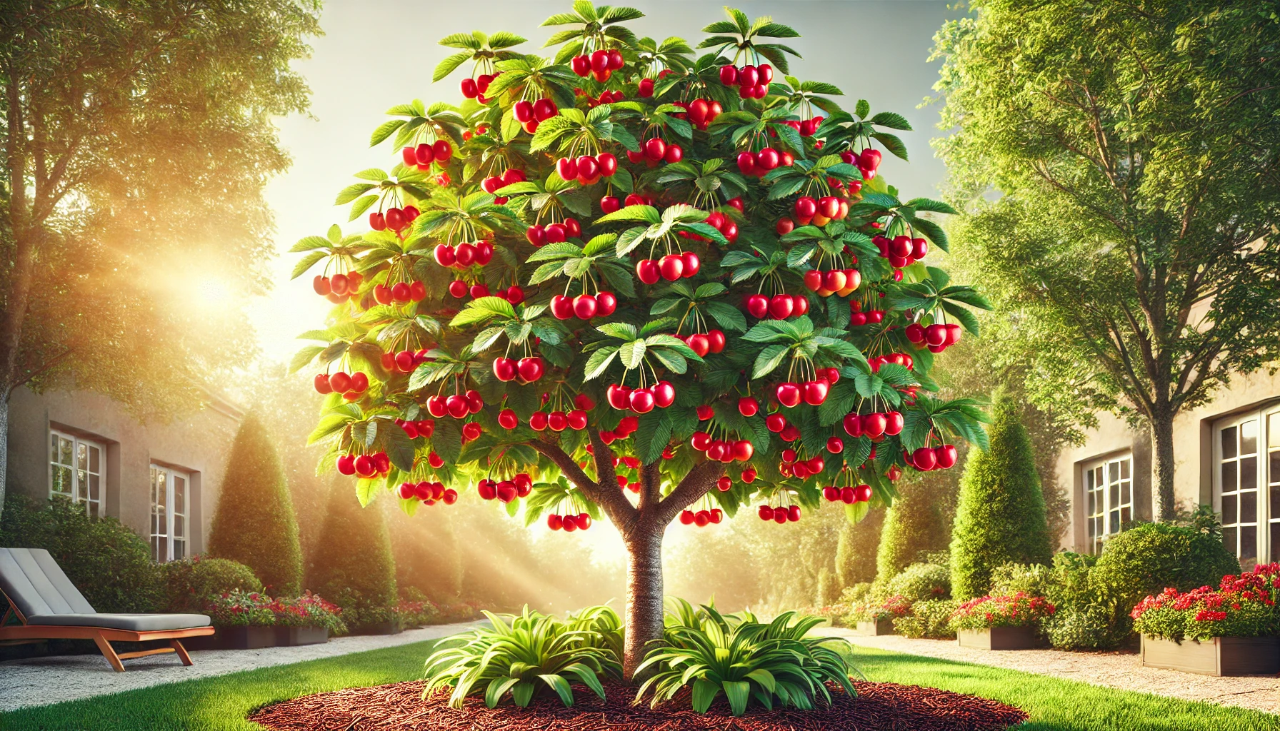 A vibrant cherry tree laden with bright red cherries, surrounded by lush greenery and colorful flower beds in a sunlit garden.