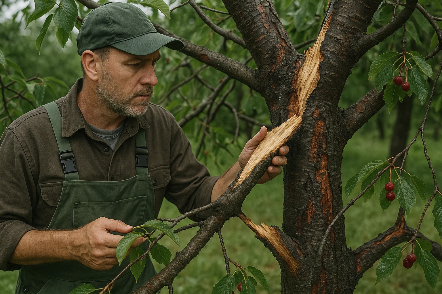 A farmer inspects a damaged cherry tree, revealing a cracked trunk and ripe cherries hanging from the branches.