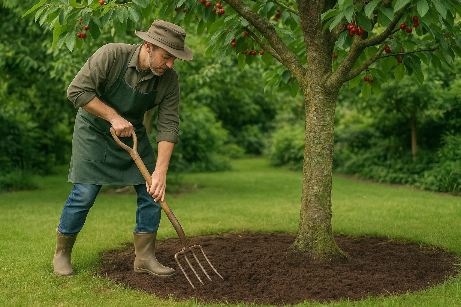 A person in a green apron and hat uses a pitchfork to tend to soil around a tree laden with red fruits in a lush garden.
