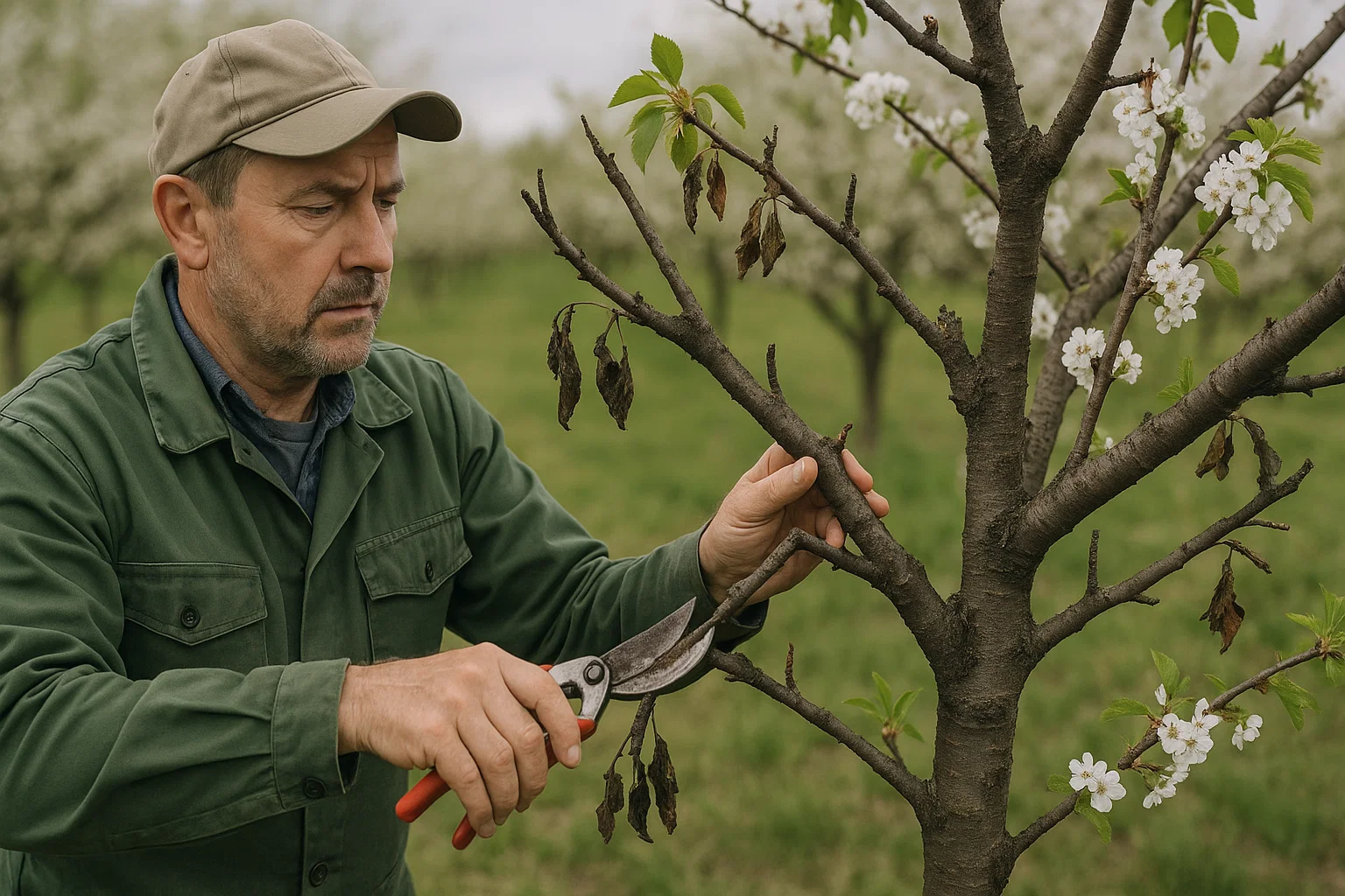 A person in a green jacket uses pruning shears on a tree branch with wilted leaves, surrounded by blossoming flowers and greenery.