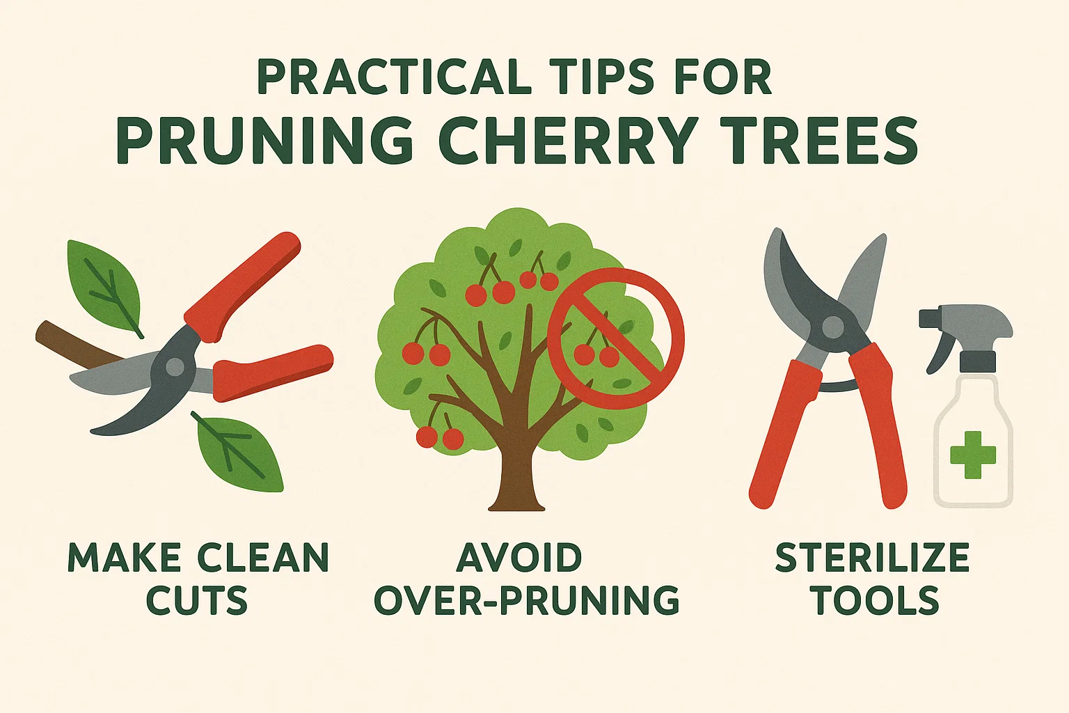 Illustrated tips for pruning cherry trees: make clean cuts, avoid over-pruning, and sterilize tools to promote healthy growth.