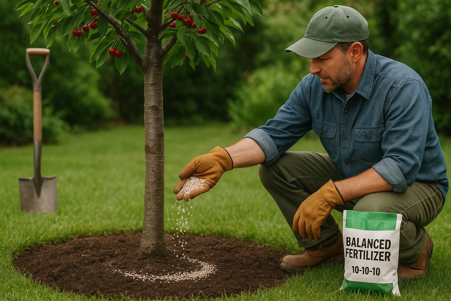 A person in gloves sprinkles balanced fertilizer around a young tree, with a shovel resting nearby on the lush green lawn.