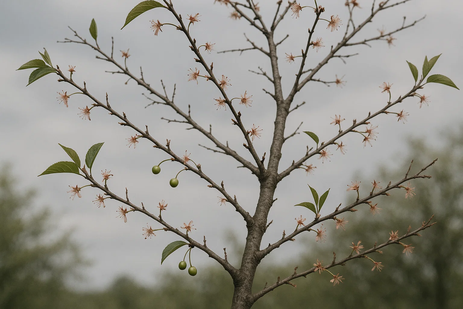 A budding tree branch with pale pink flowers, green unripe fruit, and fresh green leaves against a cloudy sky.