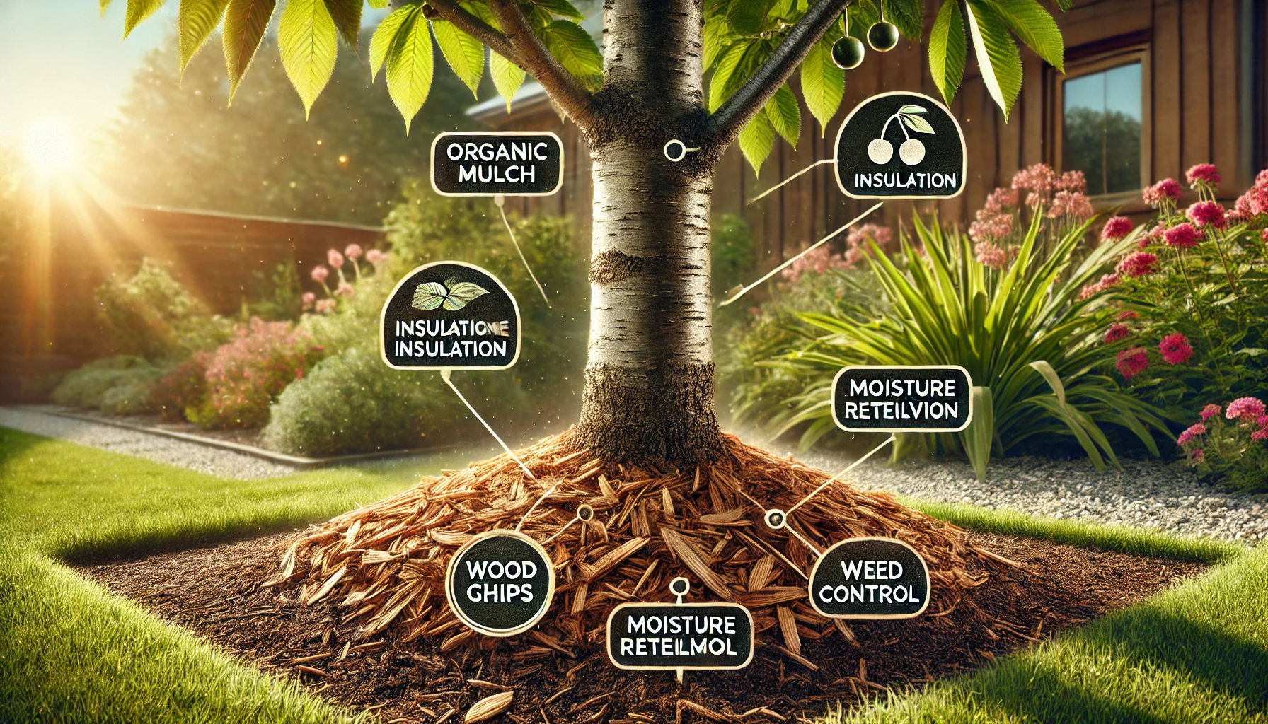 A sunlit tree in a garden, surrounded by mulch, labeled with moisture retention, insulation, weed control, and organic materials.