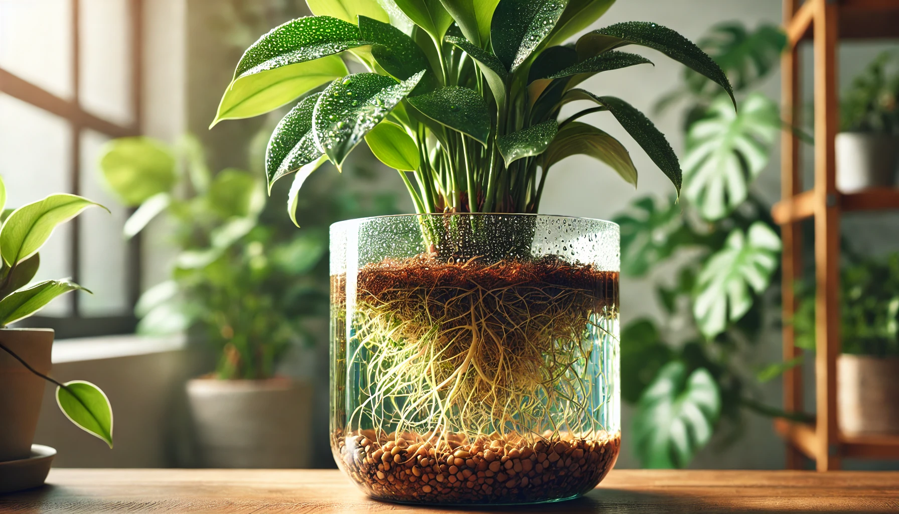 A lush green plant with water droplets sits in a clear glass container, showcasing its roots and pebbles at the bottom, bathed in sunlight.