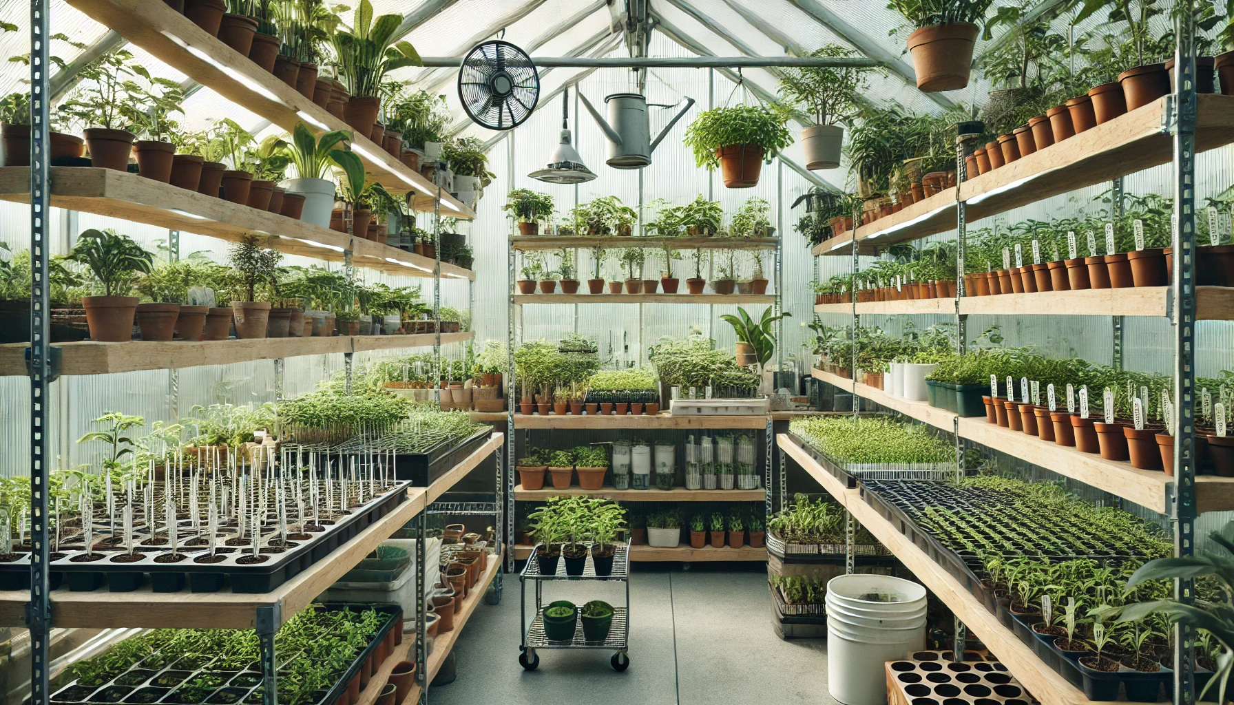 A vibrant greenhouse filled with various plants in pots on wooden shelves, featuring seedlings and lush greenery throughout.