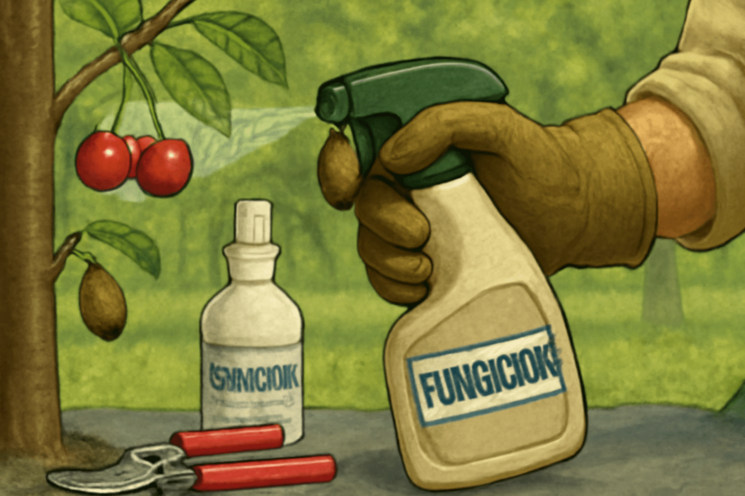 A gloved hand holds a spray bottle labeled "Fungicid" near a cherry tree, with a bottle and pruning shears nearby.