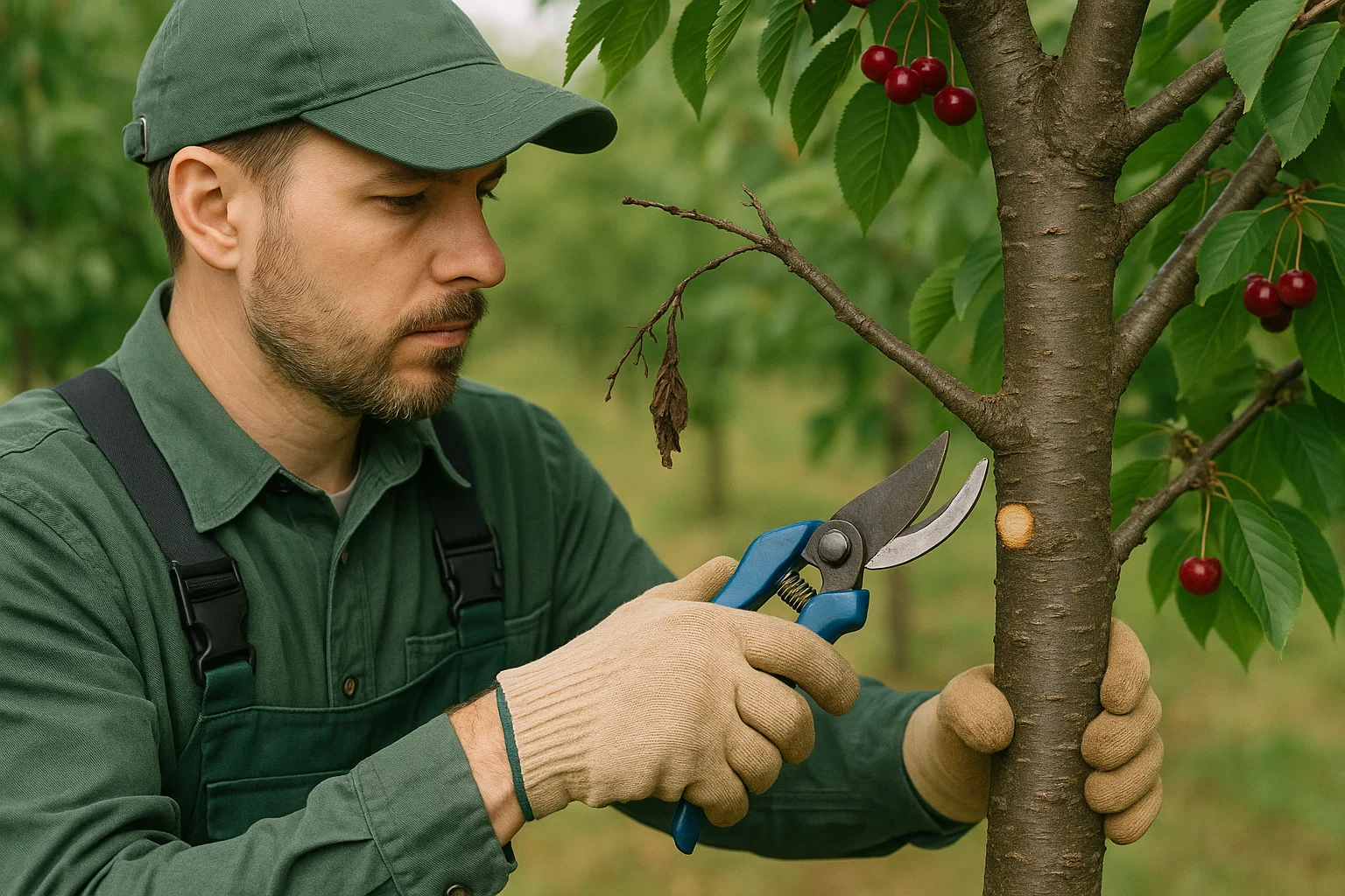 A person wearing a green shirt and gloves uses pruning shears to trim a tree branch with ripe cherries.