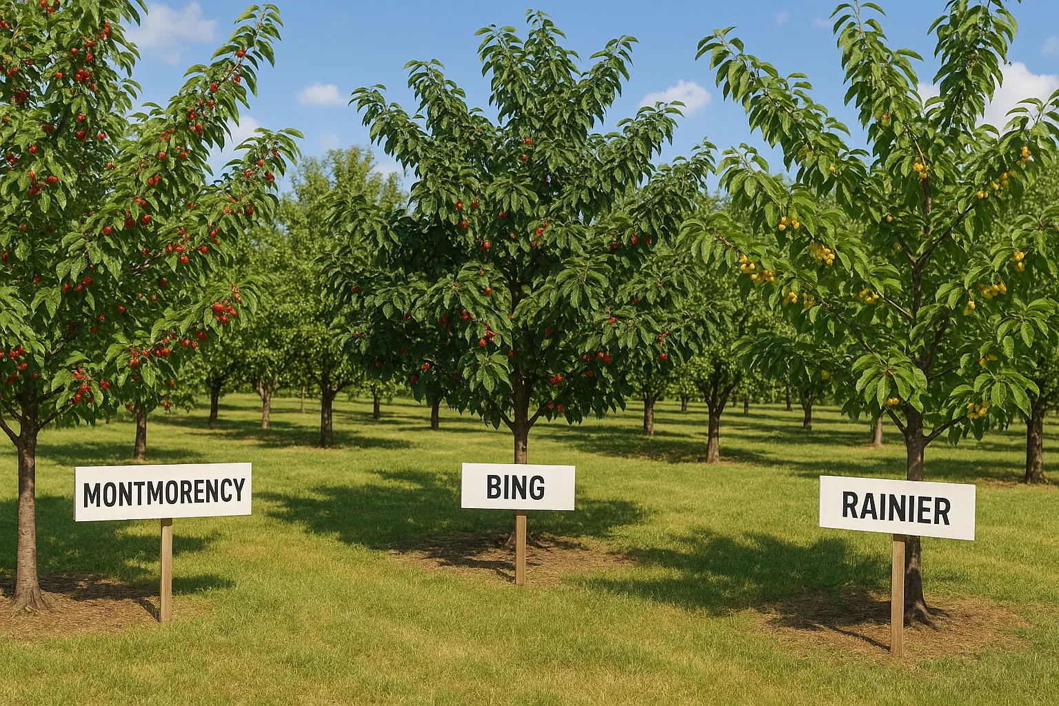 Three types of cherry trees labeled: Montmorency, Bing, and Rainier, in a sunny orchard with lush green grass.