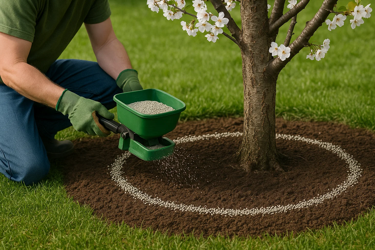 A gardener in gloves spreads fertilizer around the base of a flowering tree on a grassy lawn.