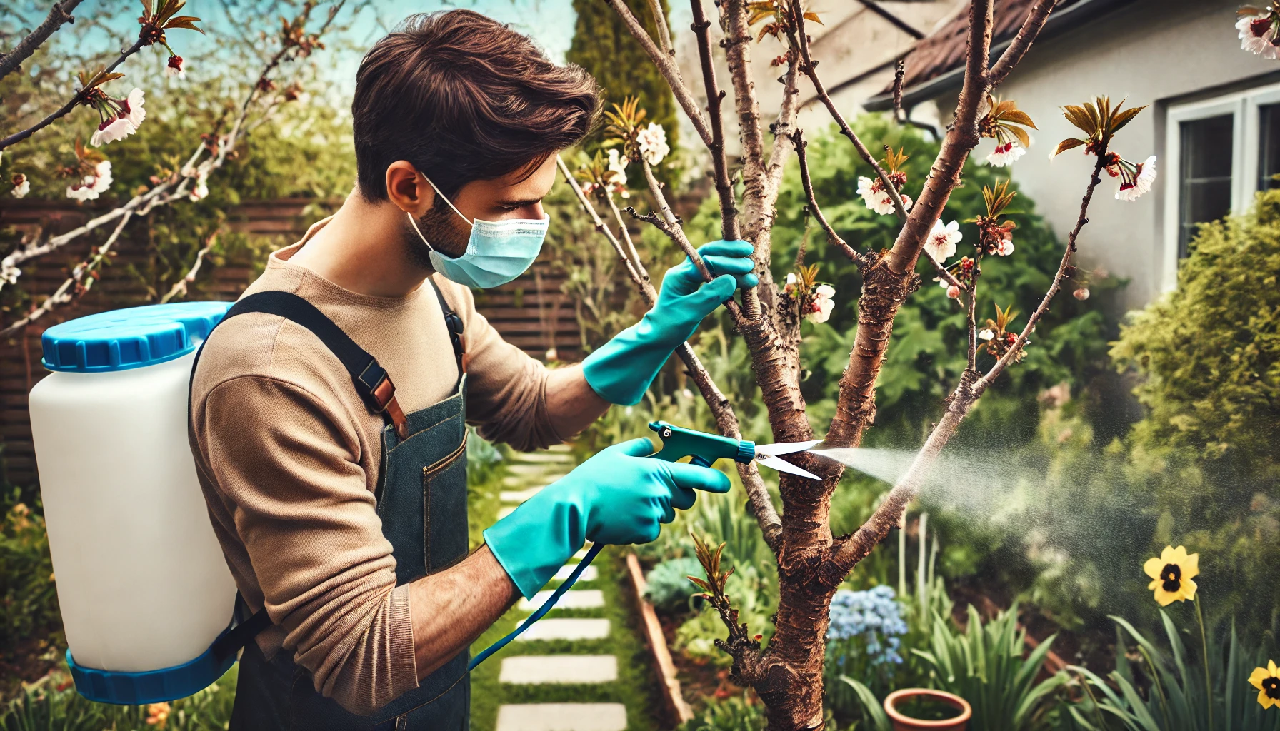 A person in protective gloves sprays a tree with a watering can, surrounded by blooming flowers and greenery in a garden setting.