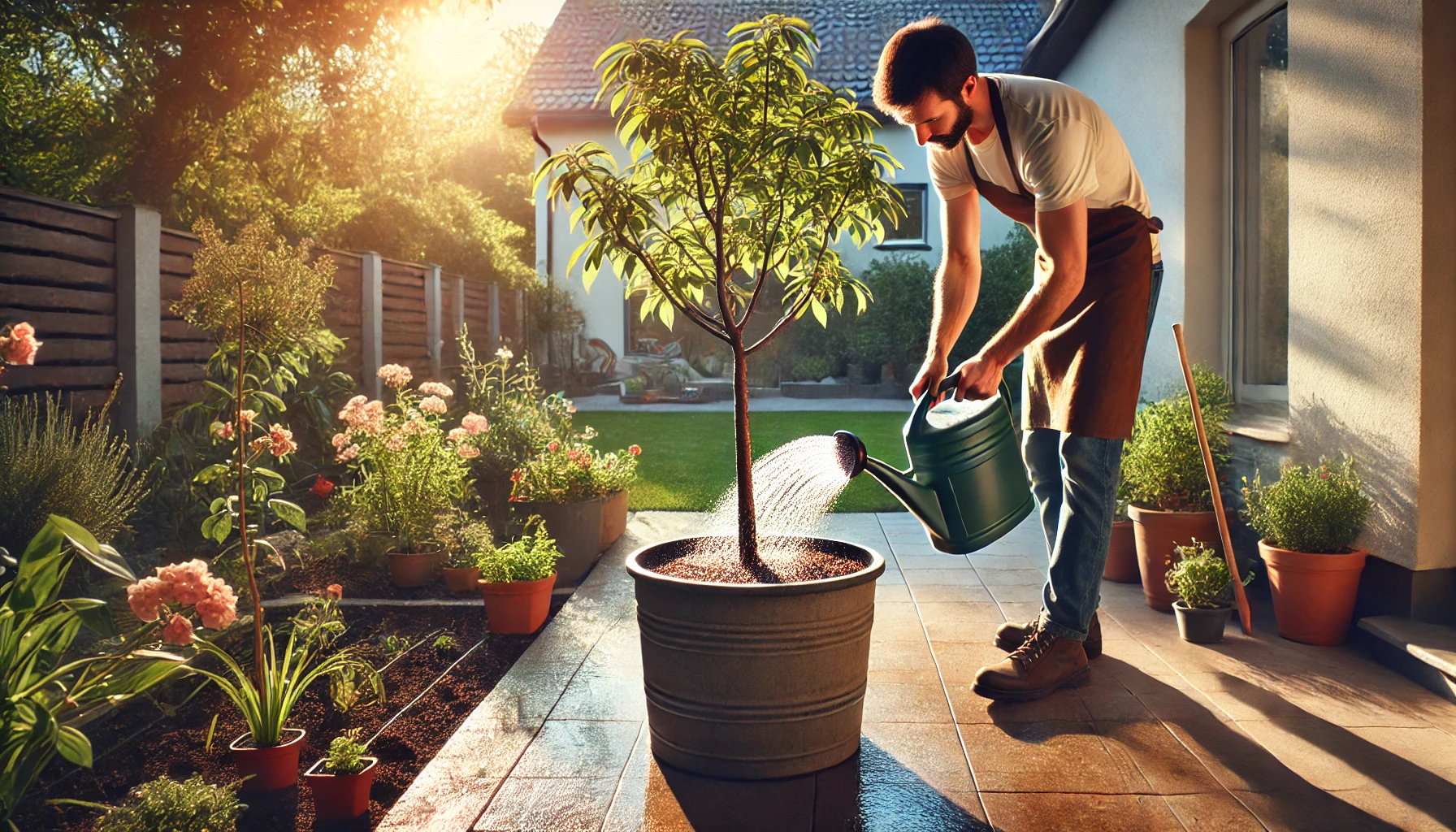 A person in an apron waters a young tree in a pot, surrounded by vibrant flowers and greenery in a sunlit garden.