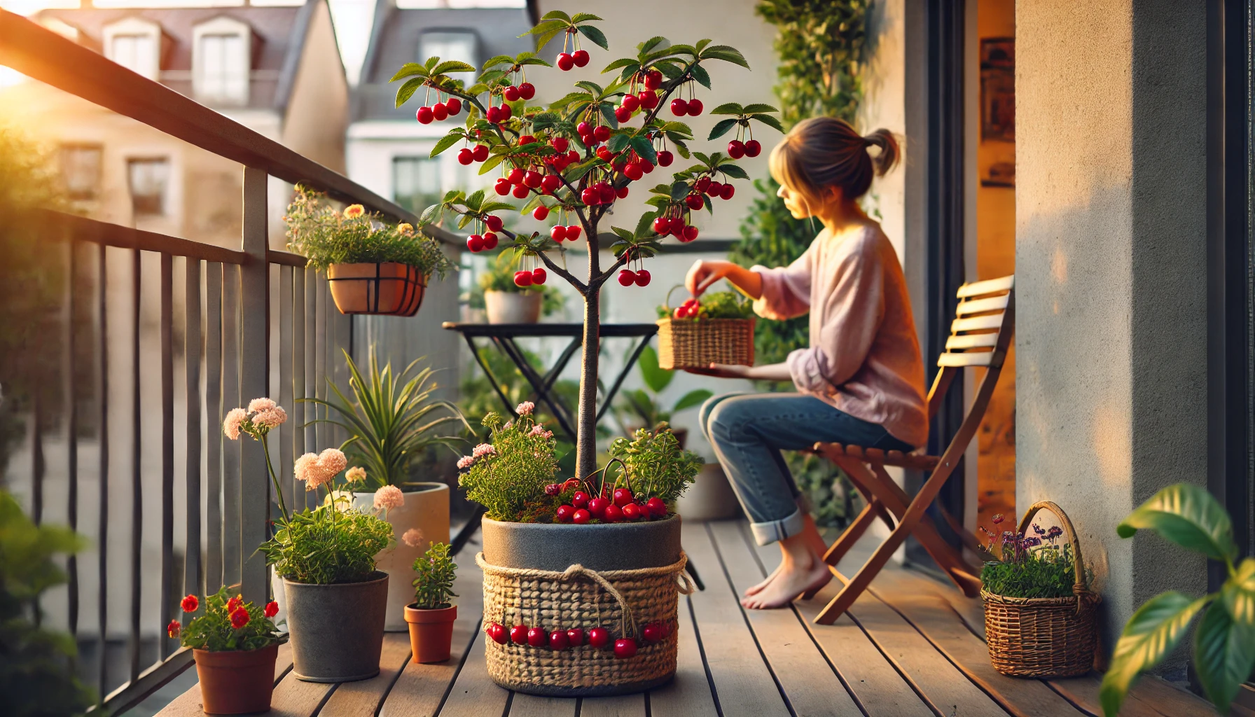 A cozy balcony garden features a cherry tree laden with fruit, potted plants, and a woman gathering cherries in a wicker basket at sunset.