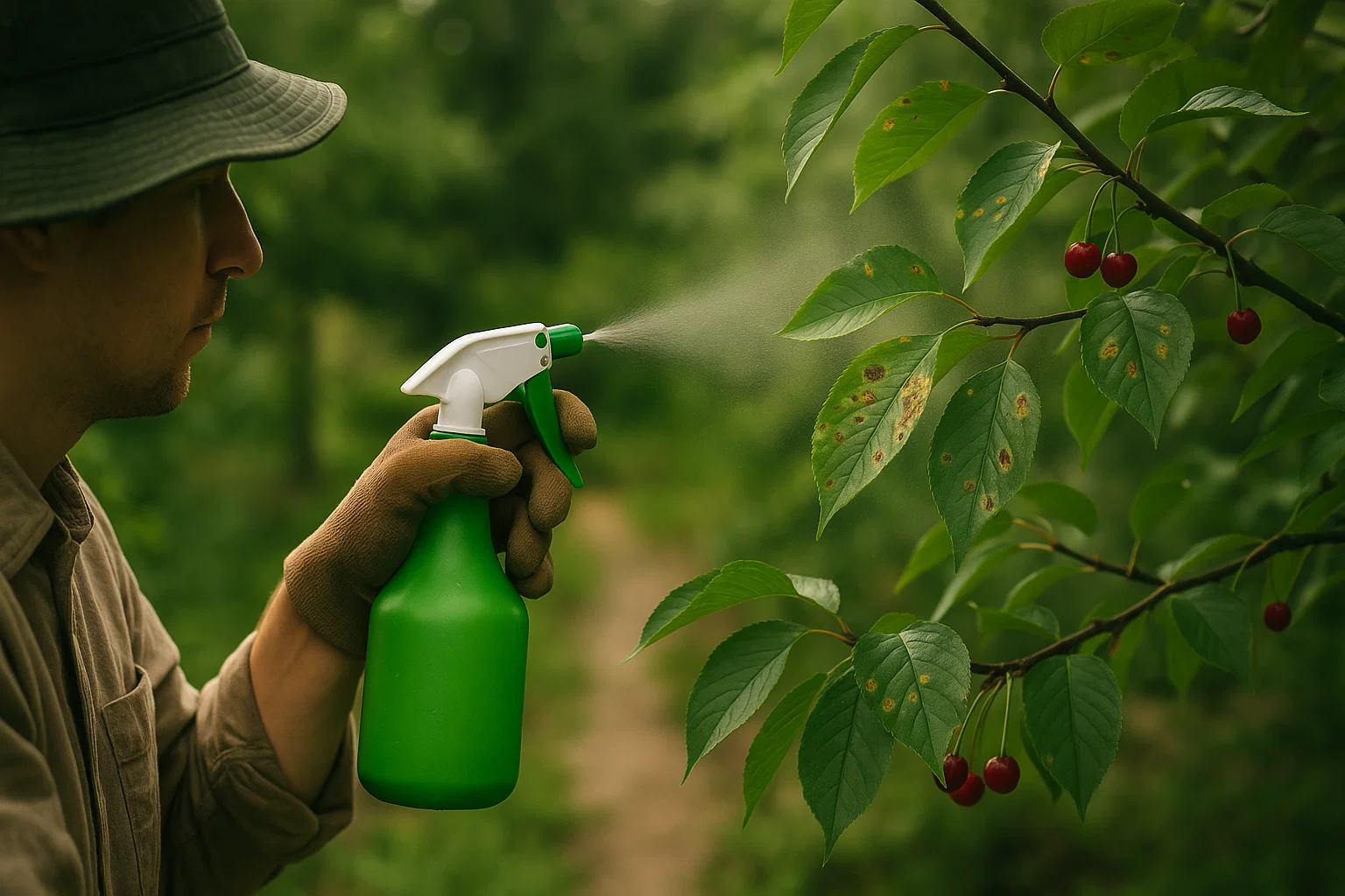 A person uses a green spray bottle to mist a cherry tree, tending to the leaves and ripe red fruits in a lush, green environment.