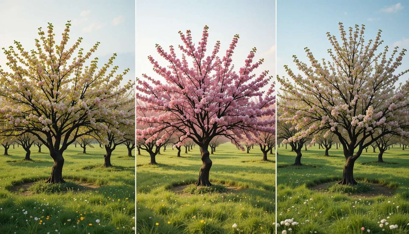 Three cherry blossom trees in bloom, each showcasing a vibrant palette of pink and white flowers against a sunny sky.