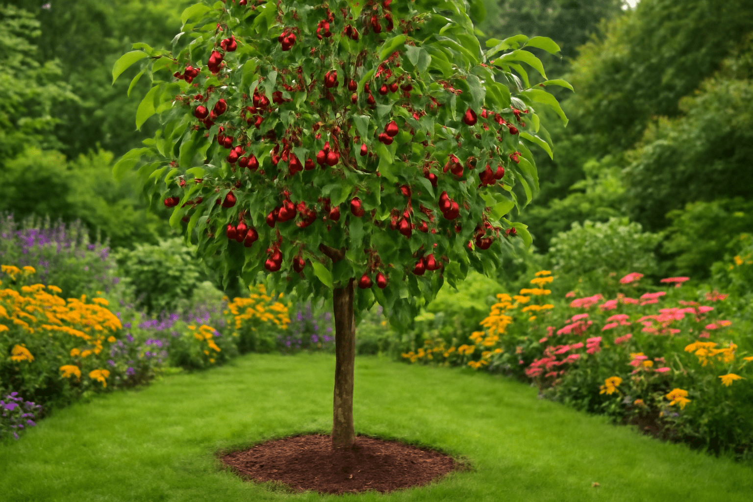 A vibrant tree laden with red fruits stands in a lush garden bordered by colorful flowers and greenery.