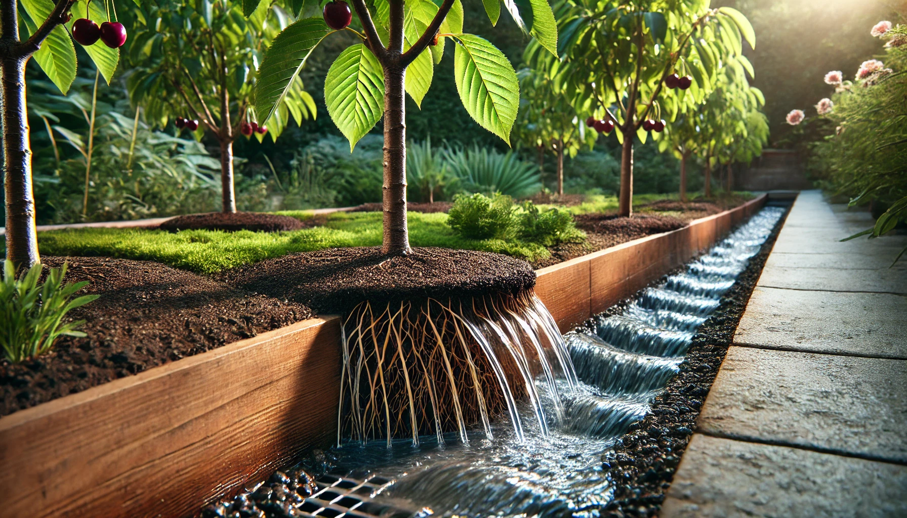 A serene garden scene features cherry trees, vibrant greenery, and a gently flowing water stream along a stone pathway.
