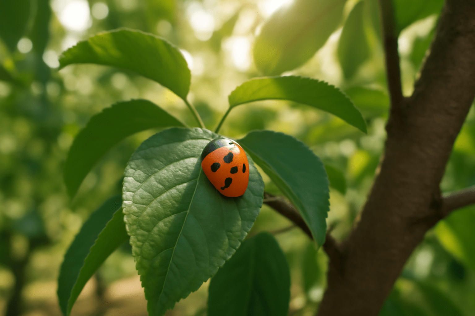 A vibrant orange ladybug perched on a green leaf, surrounded by soft, blurred greenery in a sunlit garden.