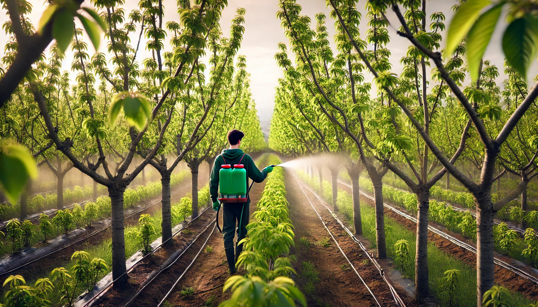 A person with a green spray backpack tends to young trees in a lush, misty orchard, carefully administering liquid for growth.