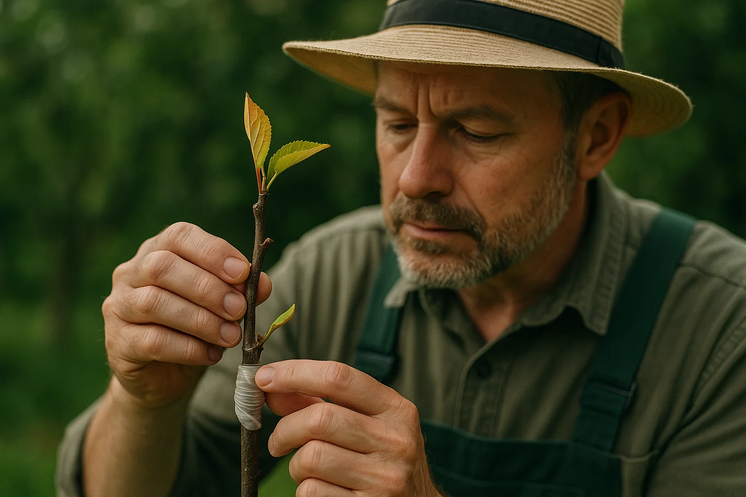 A person in a straw hat ties a grafting tape around a small plant stem with new leaves, set in a green, outdoor environment.