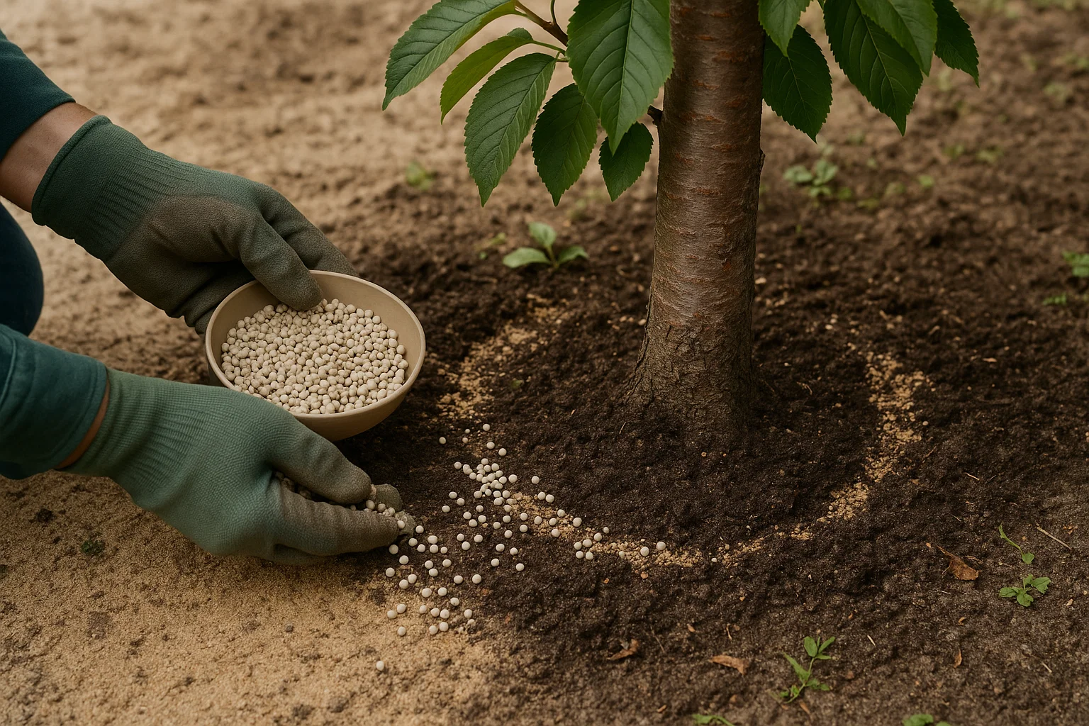 A person in green gloves spreads granules from a bowl around the base of a young tree in freshly tilled soil.