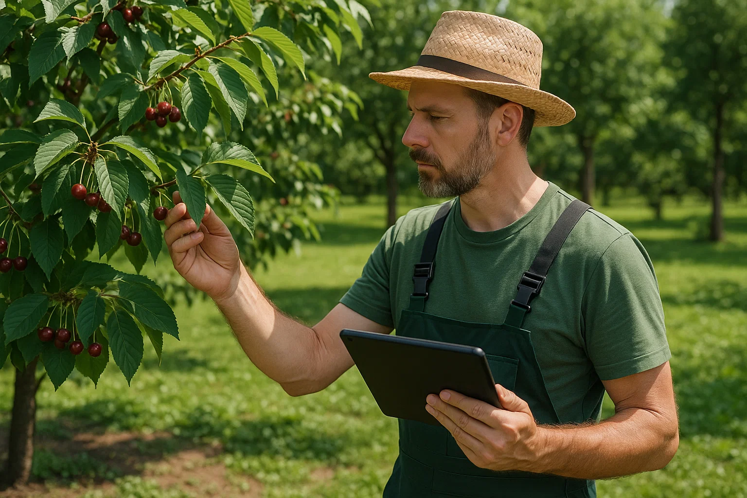 A farmer in a straw hat inspects cherry leaves while holding a tablet in a lush green orchard. Red cherries hang from the branches.