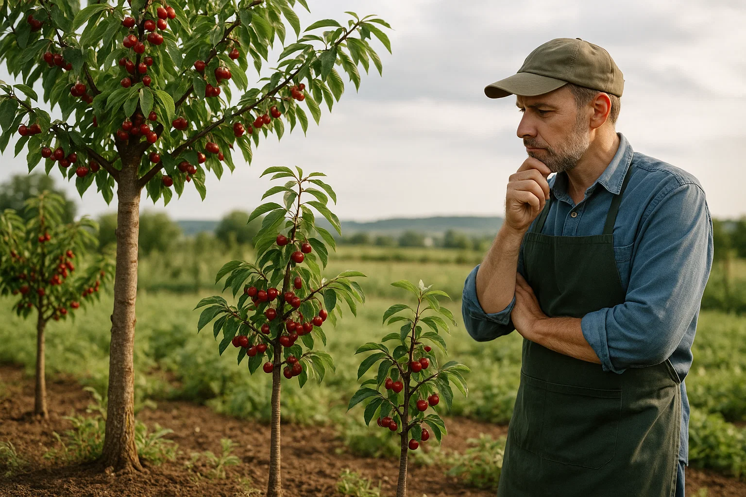 A farmer stands thoughtfully next to fruit-laden cherry trees, surrounded by lush green fields under a cloudy sky.