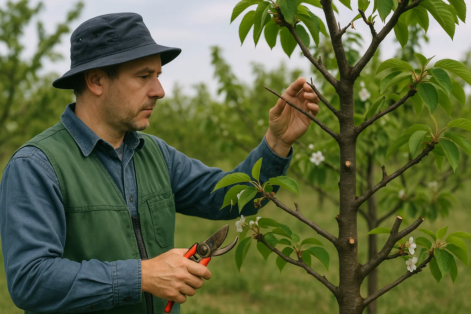 A person prunes a cherry tree, carefully inspecting the branches and flowers while holding pruning shears. Lush greenery surrounds them.