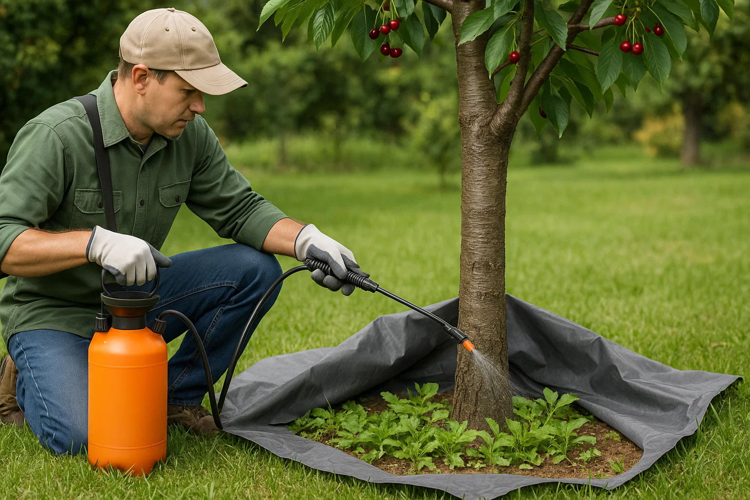 A person sprays the base of a cherry tree with an orange container while kneeling on grass, surrounded by a protective gray tarp.