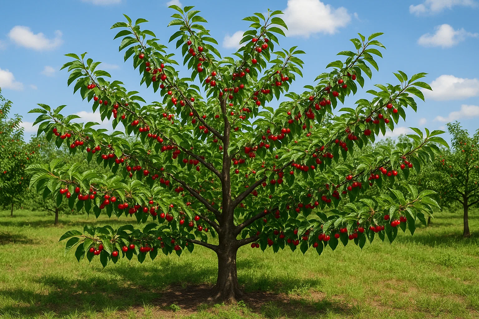 A cherry tree laden with ripe red cherries stands vibrant against a bright blue sky and lush green grass in an orchard setting.