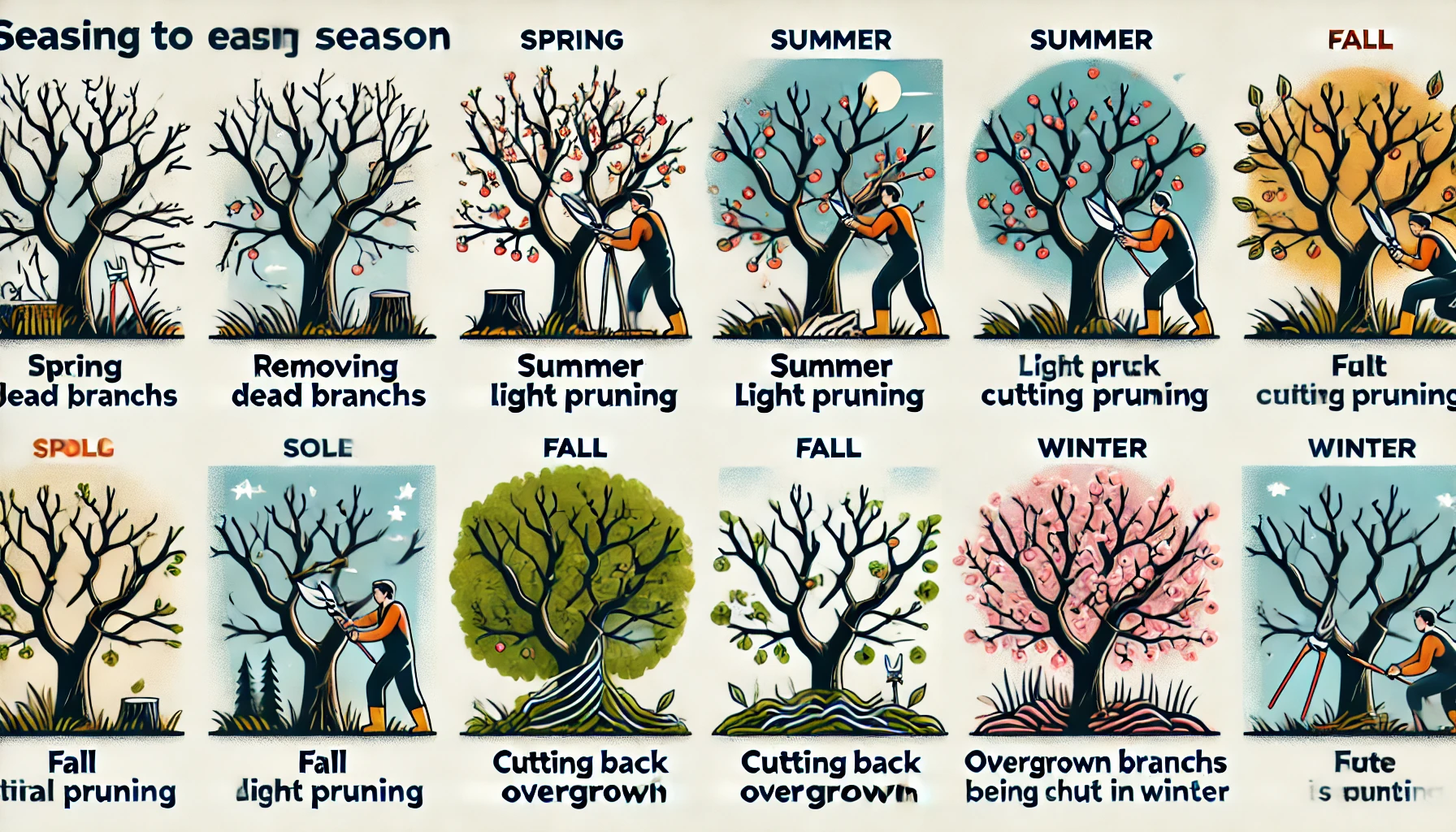 Illustration depicting seasonal tree pruning tasks: spring dead branch removal, summer light pruning, fall overgrowth cutting, winter maintenance.