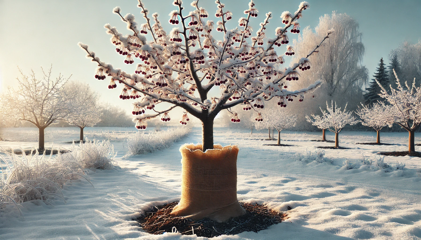 Frost-covered cherry tree with red fruit and burlap protection stands amidst a snowy landscape, illuminated by soft morning light.