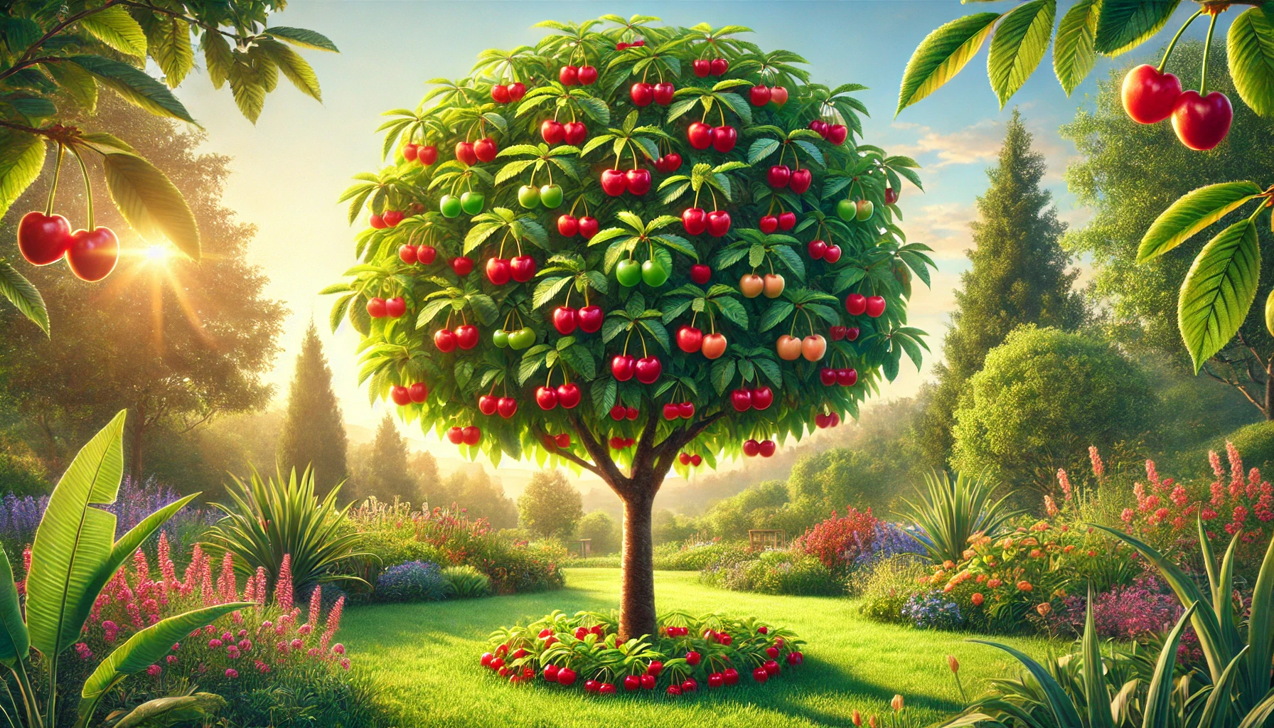 A vibrant tree laden with red and green cherries stands in a lush garden, surrounded by colorful flowers under a golden sunrise.