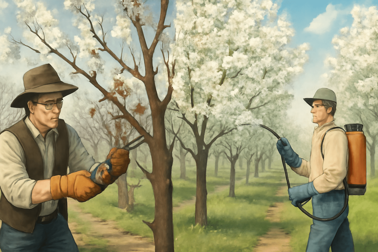 Two agricultural workers tending to fruit trees in bloom, one pruning and the other spraying plants, set in a sunny orchard.