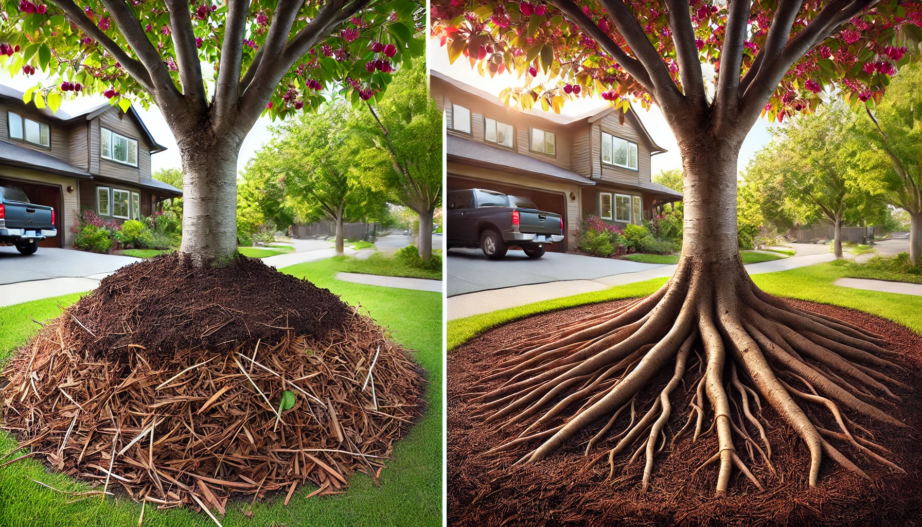 A large tree with vibrant leaves and roots shown over mulch, beside a modern home and driveway in a lush, green neighborhood.