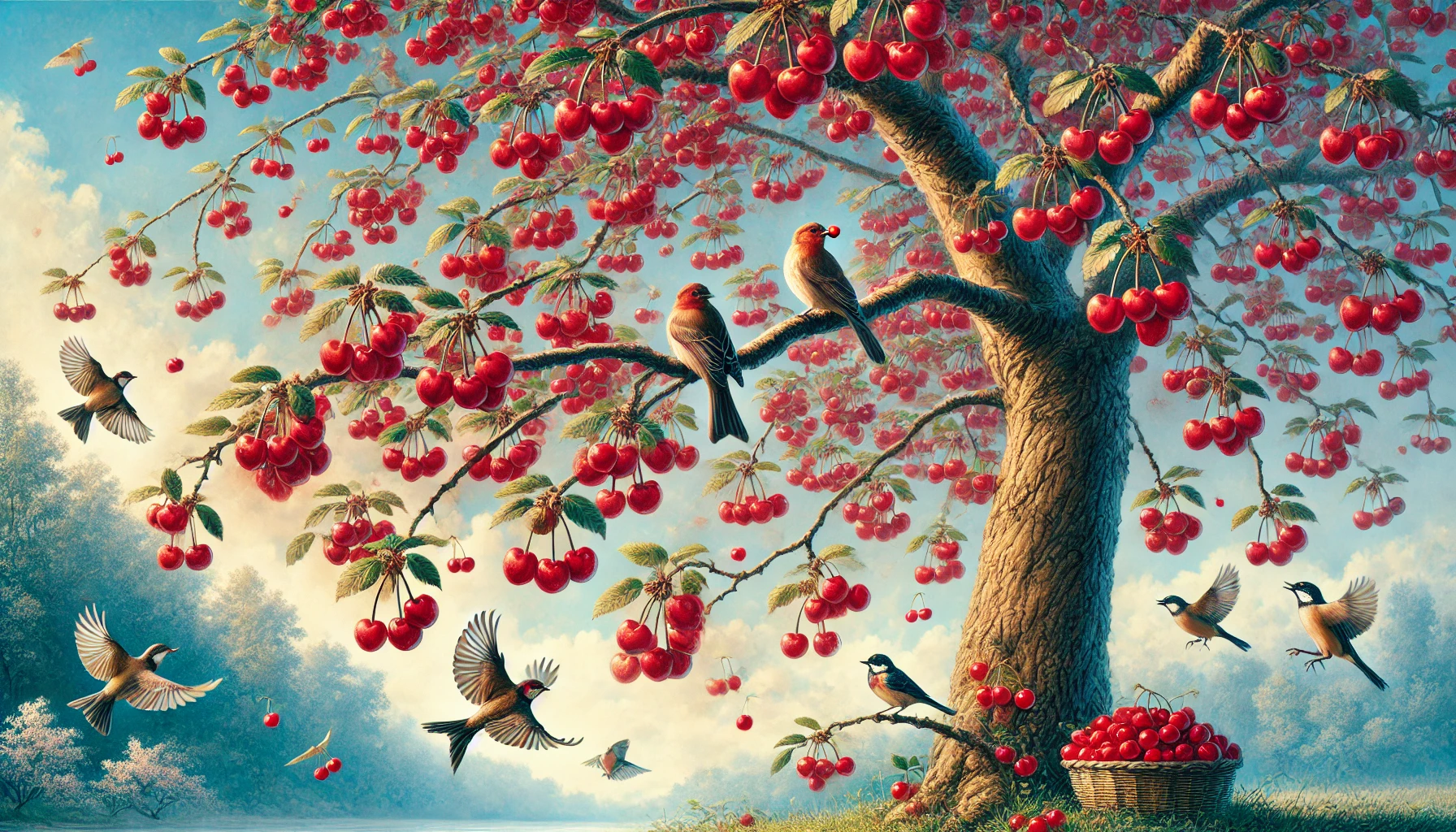 A vibrant cherry tree laden with bright red cherries, surrounded by various birds, some feeding, in a serene landscape.