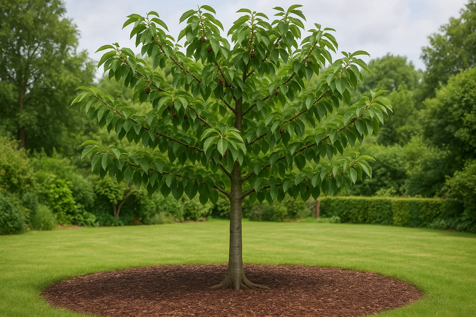 A lush, green tree with broad leaves and developing fruit stands alone on a manicured lawn, surrounded by leafy bushes in the background.