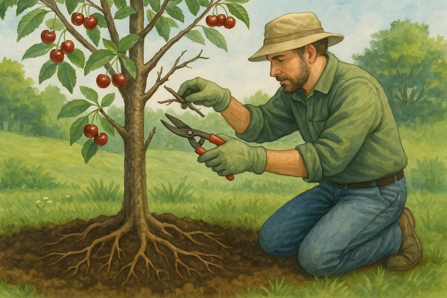 A person in a green shirt and gloves carefully prunes a young cherry tree while kneeling in a lush green landscape.