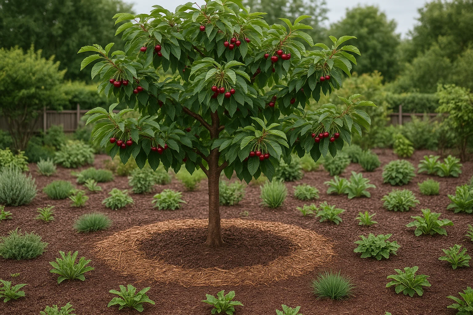A small cherry tree laden with ripe red cherries stands in a mulched garden, surrounded by various green plants and shrubs.