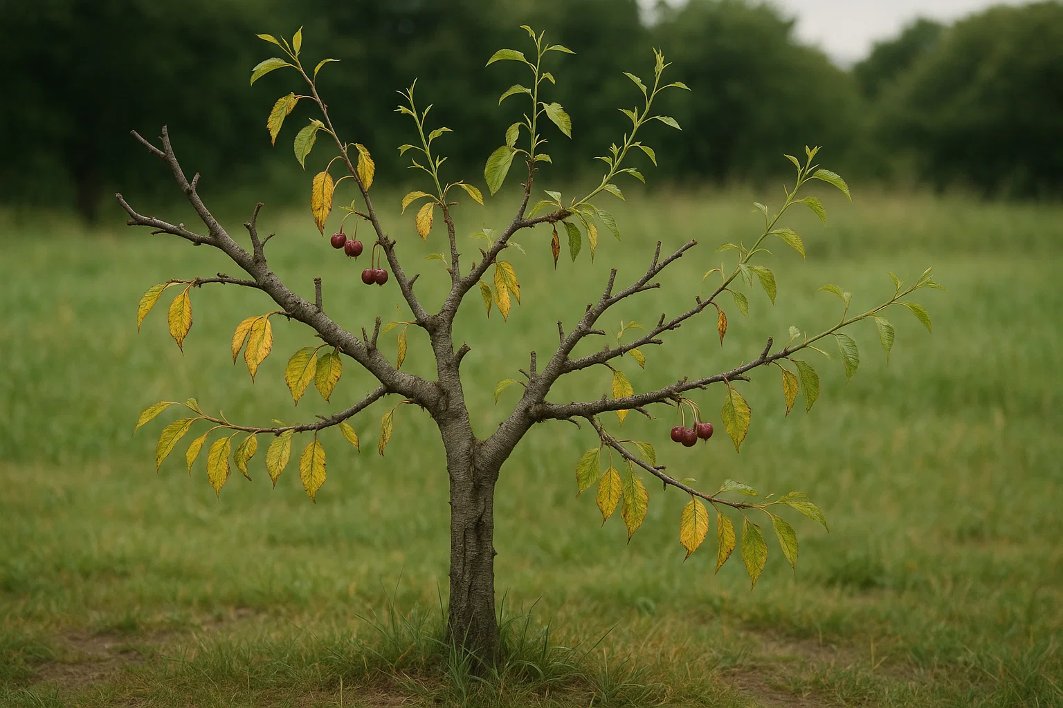 A small tree with bare branches and bright red fruit, set against a green grassy field. Some leaves are yellowing, indicating autumn.