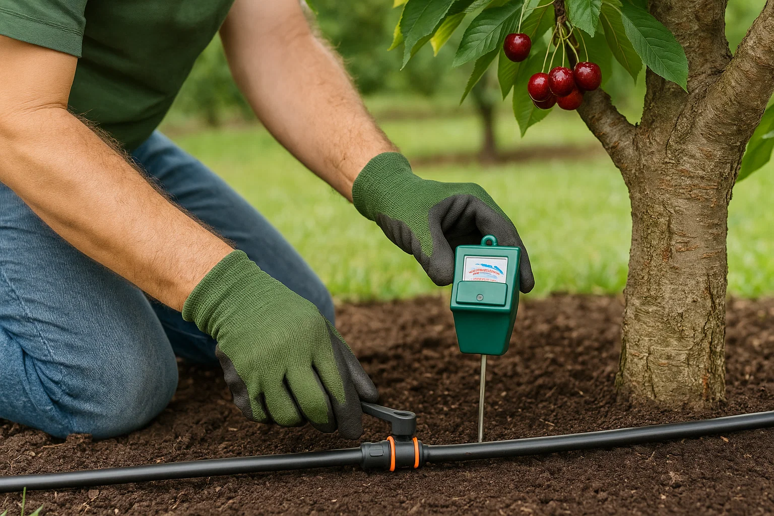 A gardener in green gloves uses a moisture meter next to a cherry tree, checking the soil's moisture level.