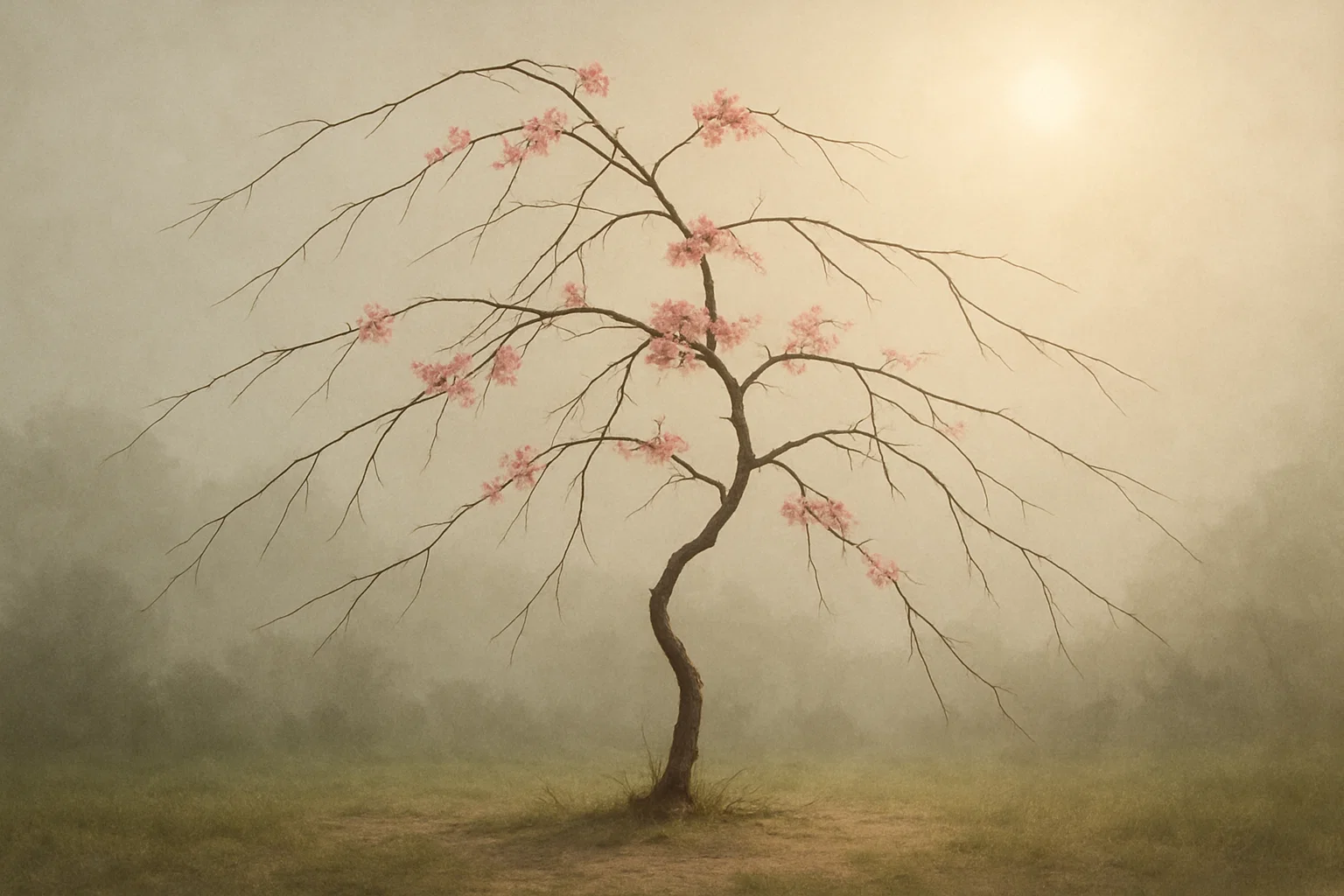A solitary, twisted tree with pink blossoms stands in a foggy landscape, illuminated by soft sunlight in the background.