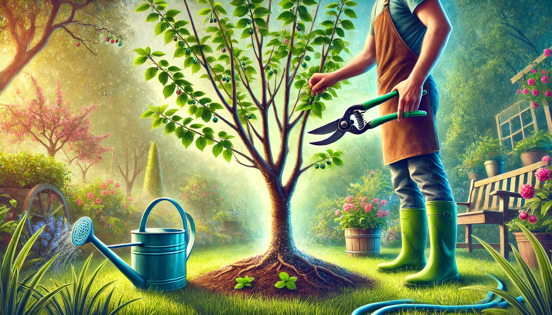 A gardener in green boots prunes a leafy tree in a sunlit garden with flowers and a watering can nearby.